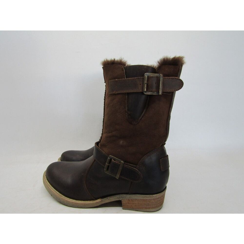 Luxe De Leon Womens Sz 6 Brown Leather Suede Buckle Winter Lined High Ankle Boot